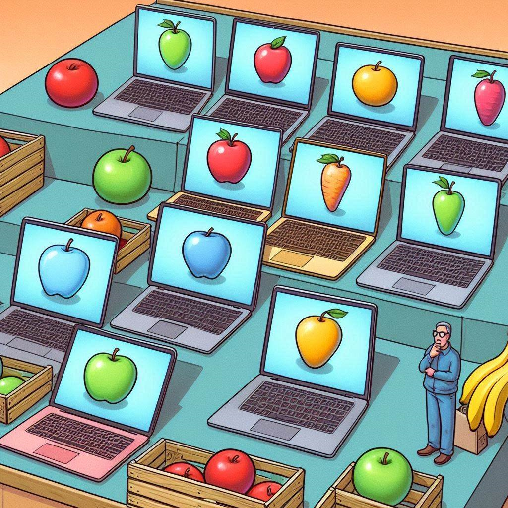 Different refurbished MacBooks with different fruits symbolising the different options