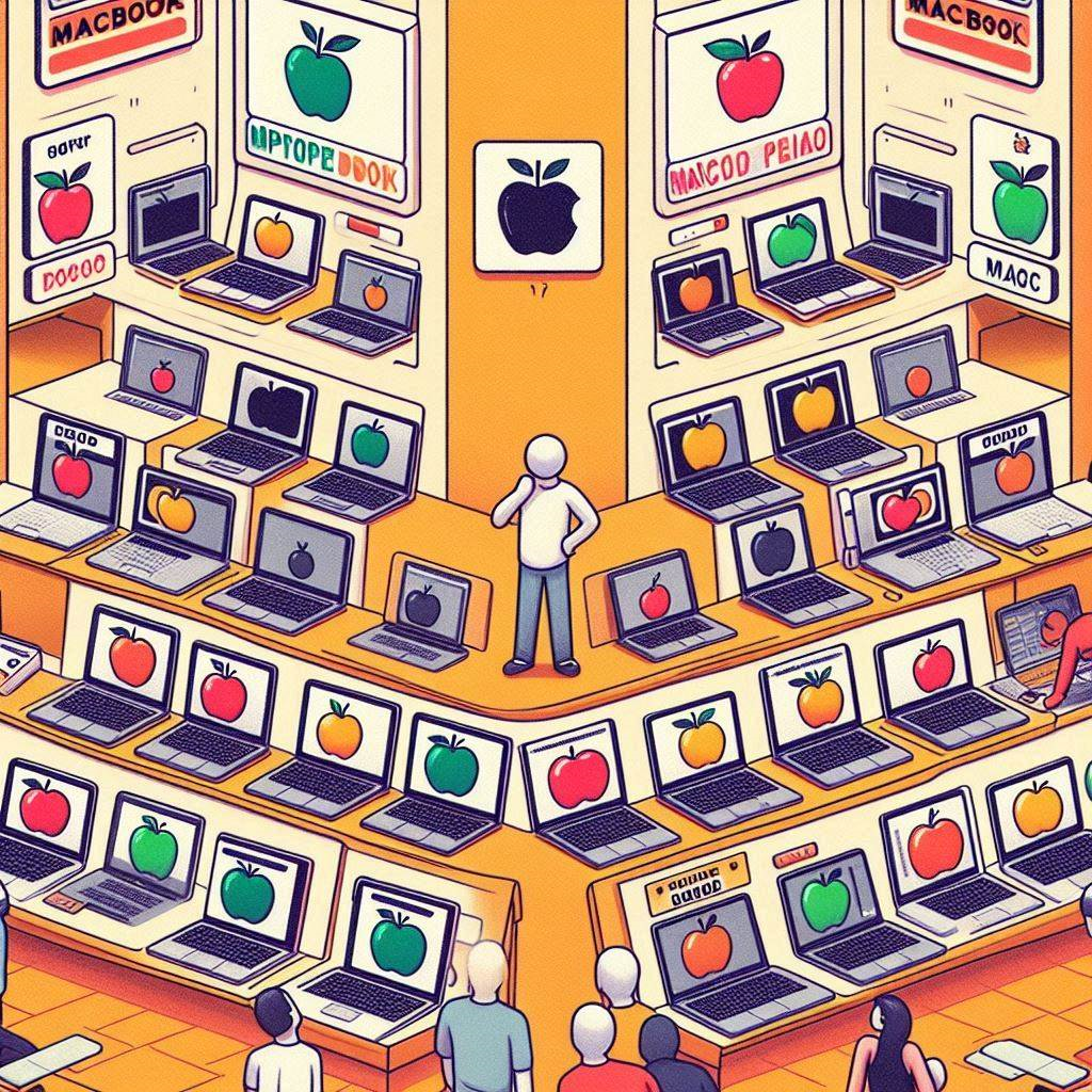 An illustration of people looking at lots of different MacBooks trying to work out which MacBook to buy. The different types of Apple are showing the difficulty of the buying decision.